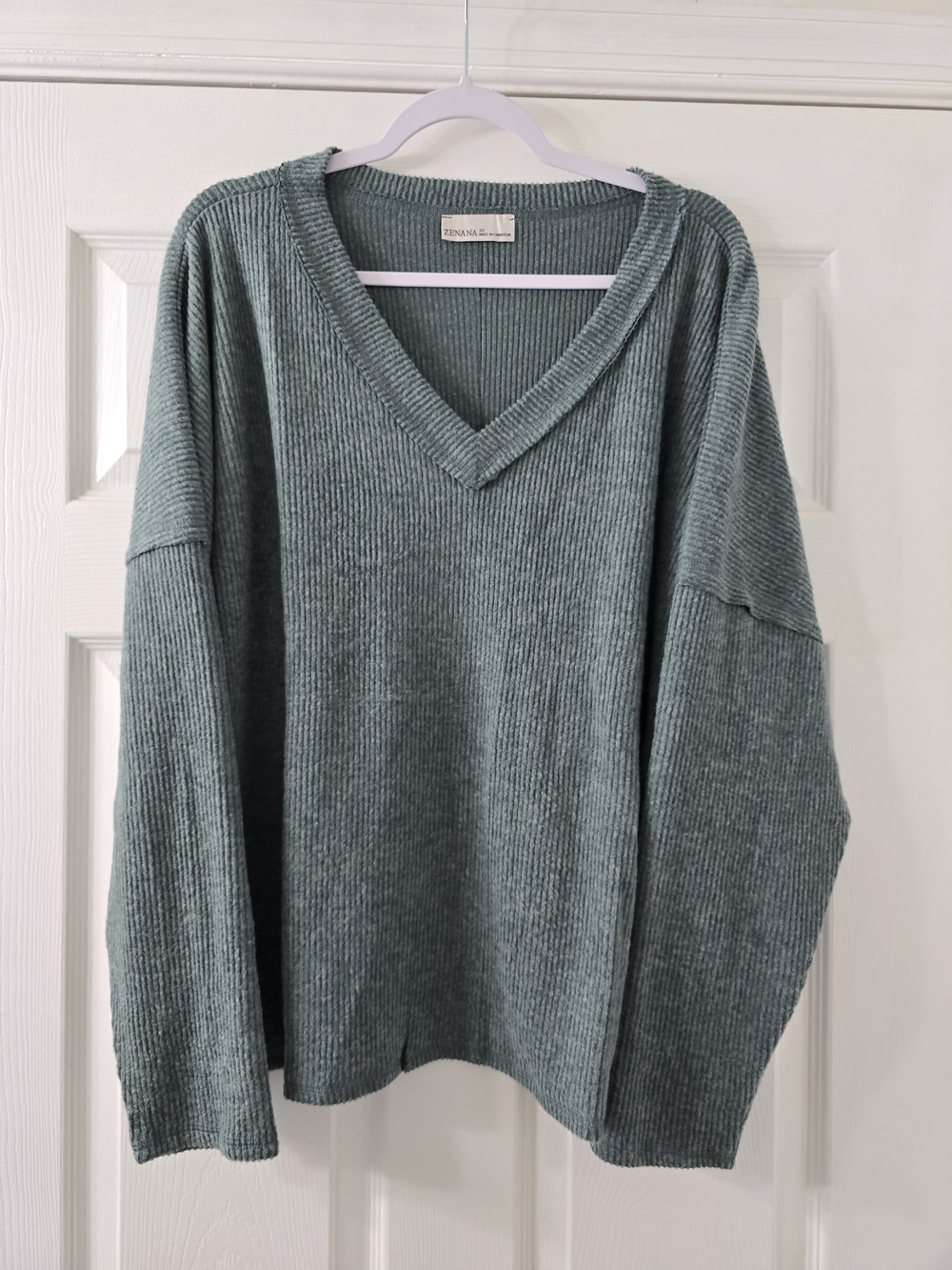Zenana Green Ribbed Brushed Hacci Melange V-Neck Sweater - 3X